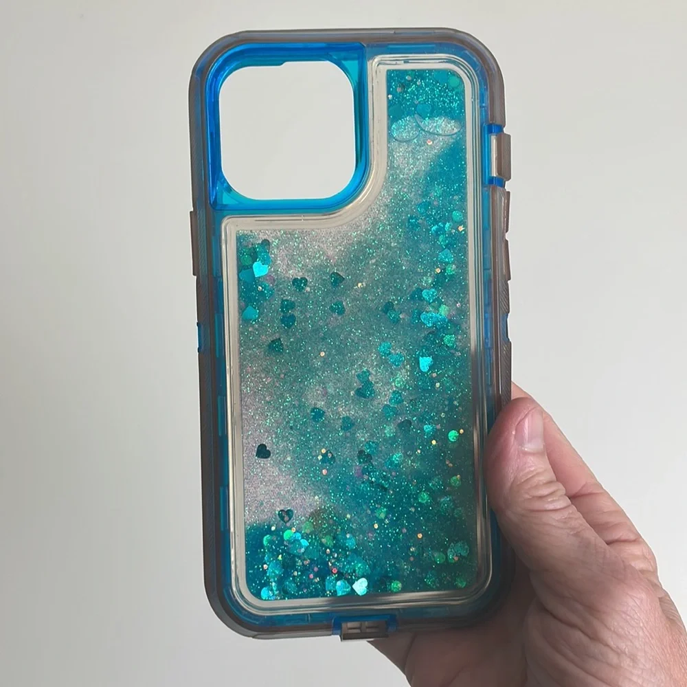 iPhone 13 Promax Cover- Liquid glitter aqua Blue Hearts- durable-